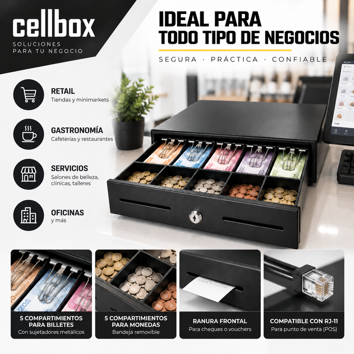 Caja gaveta dinero metálica ideal para retail, gastronomía y oficinas