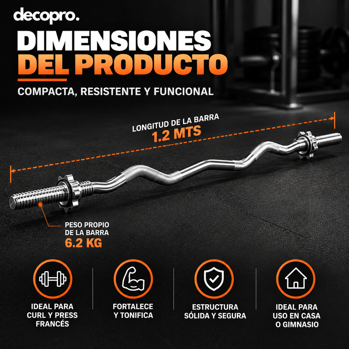 Barra Z Curl 6.2 Kg / 1.2 Mts para Bíceps y Press Francés / Decopro