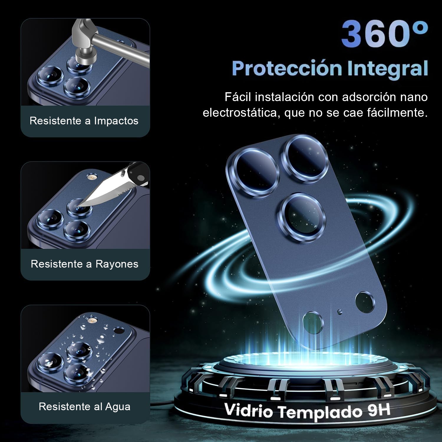 Protector Cámara Para iPhone 17 Pro Max Vidrio 9H + Marco Modulo Metálico Integrado Full Cover HD