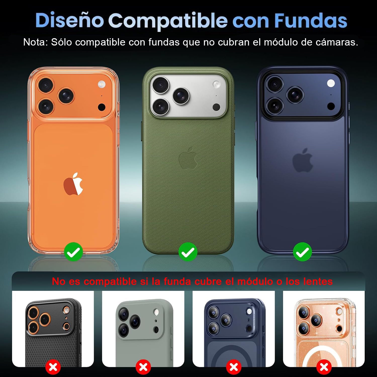 Protector Cámara Para iPhone 17 Pro Max Vidrio 9H + Marco Modulo Metálico Integrado Full Cover HD