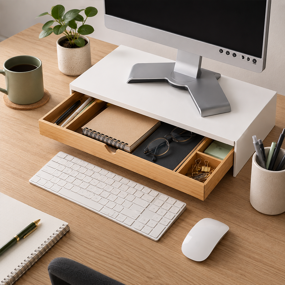 Soporte Elevador para Monitor y Laptop con Cajón de Bambú - Tuntun Blanco