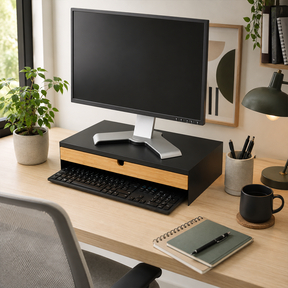 Soporte Elevador para Monitor y Laptop con Cajón de Bambú - Tuntun Negro