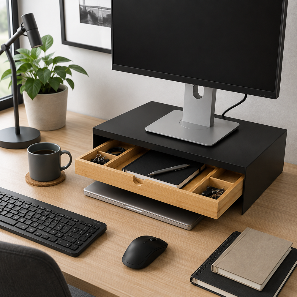Soporte Elevador para Monitor y Laptop con Cajón de Bambú - Tuntun Negro