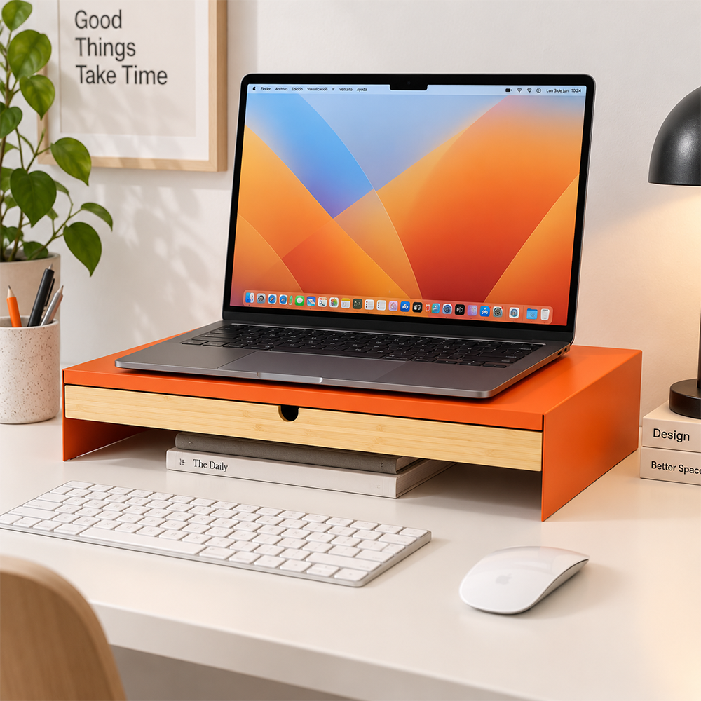 Soporte Elevador para Monitor y Laptop con Cajón de Bambú - Tuntun Naranja