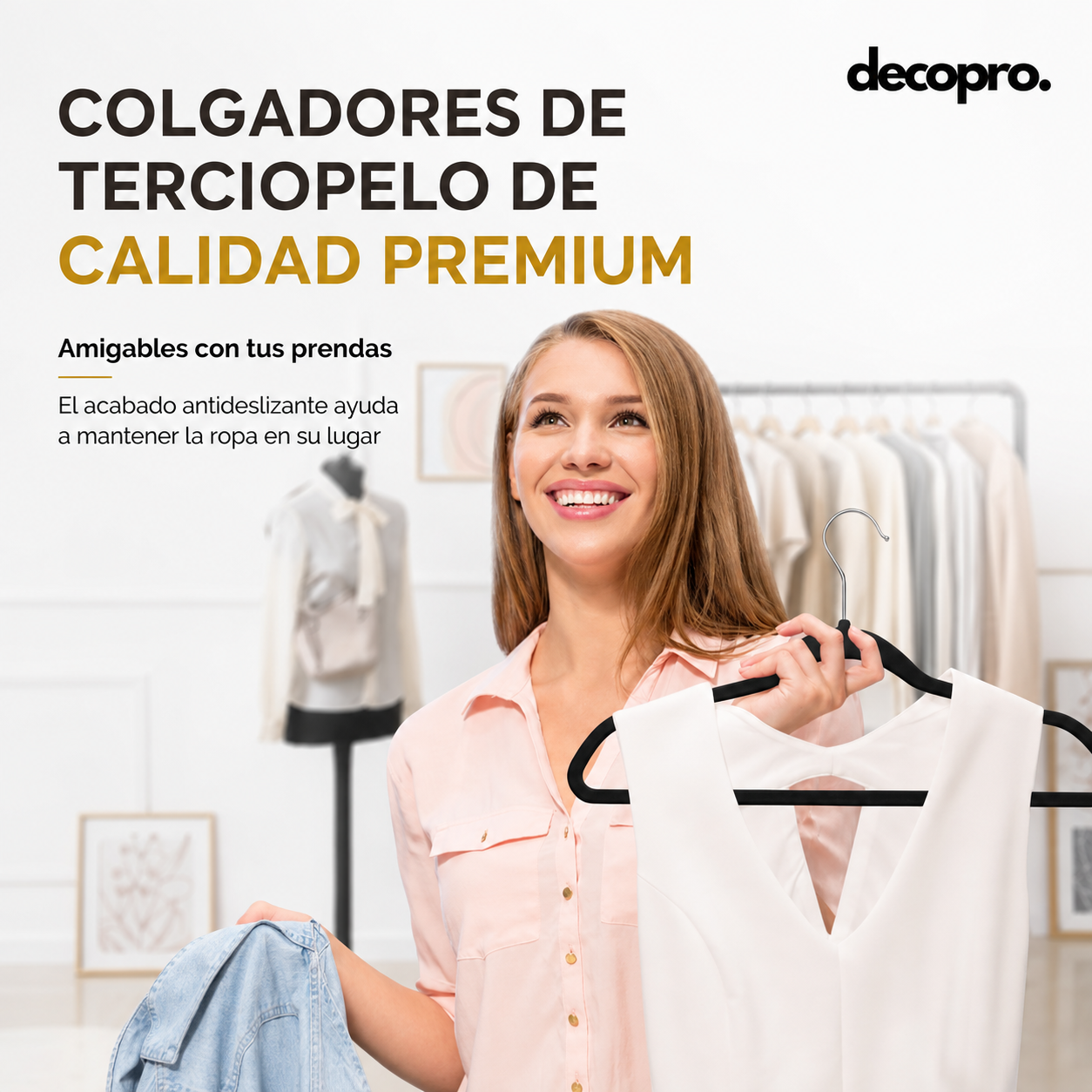 Pack de 30 Colgadores de Terciopelo Negros, Antideslizantes - Decopro