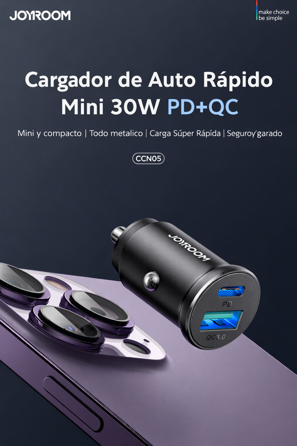 Cargador de Auto Rápido 30W PD + QC Joyroom Mini Metálico | USB-C + USB | Carga Rápida iPhone y Android