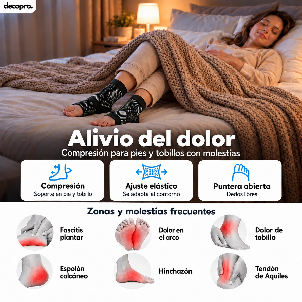 Calcetin / Tobillera de Compresión para Pie y Tobillo Decopro – Alivio de Fascitis Plantar y Dolor de Talón – Pack 2 Pares Negros