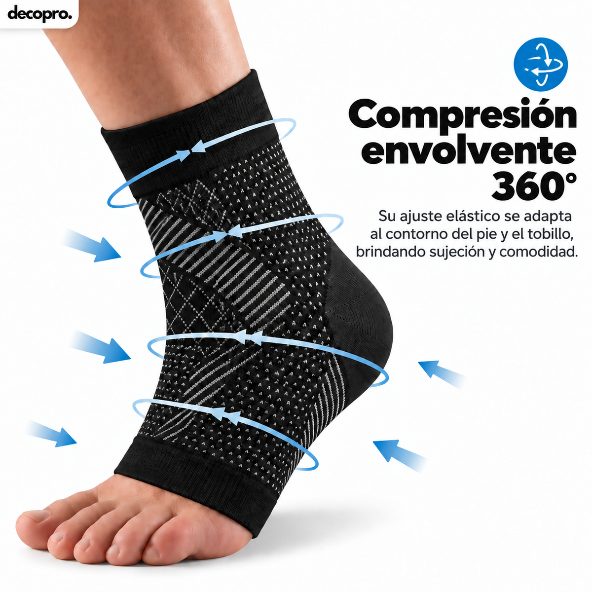 Calcetin / Tobillera de Compresión para Pie y Tobillo Decopro – Alivio de Fascitis Plantar y Dolor de Talón – Pack 2 Pares Negros