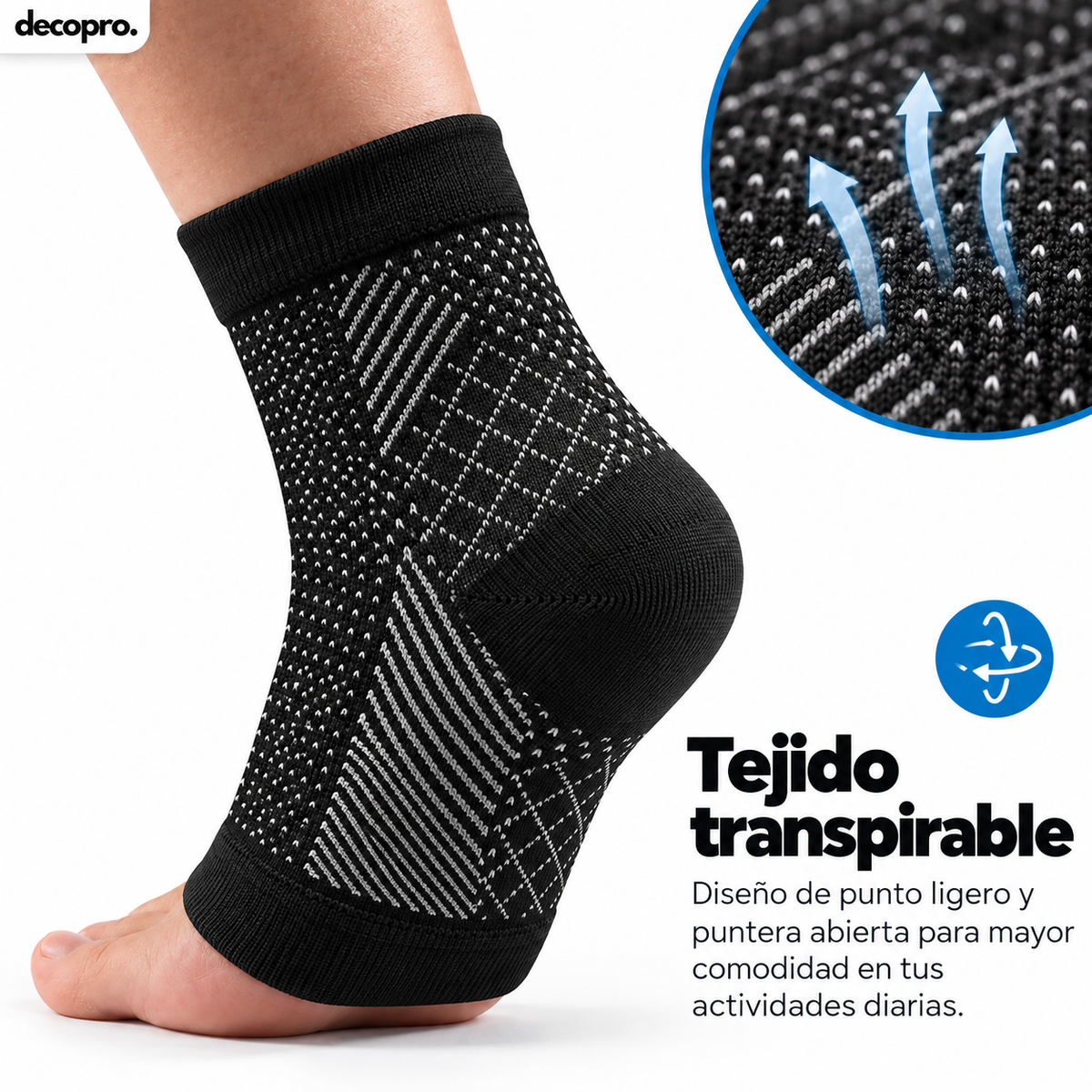 Calcetin / Tobillera de Compresión para Pie y Tobillo Decopro – Alivio de Fascitis Plantar y Dolor de Talón – Pack 2 Pares Negros
