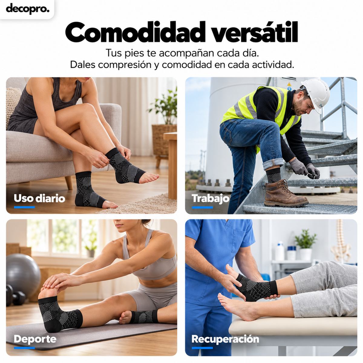 Calcetin / Tobillera de Compresión para Pie y Tobillo Decopro – Alivio de Fascitis Plantar y Dolor de Talón – Pack 2 Pares Negros