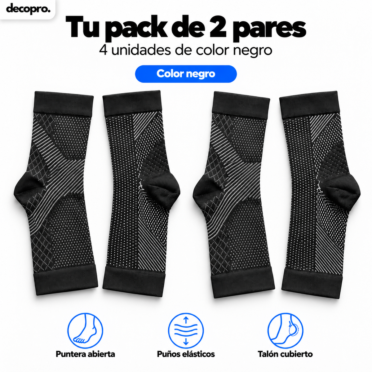 Calcetin / Tobillera de Compresión para Pie y Tobillo Decopro – Alivio de Fascitis Plantar y Dolor de Talón – Pack 2 Pares Negros