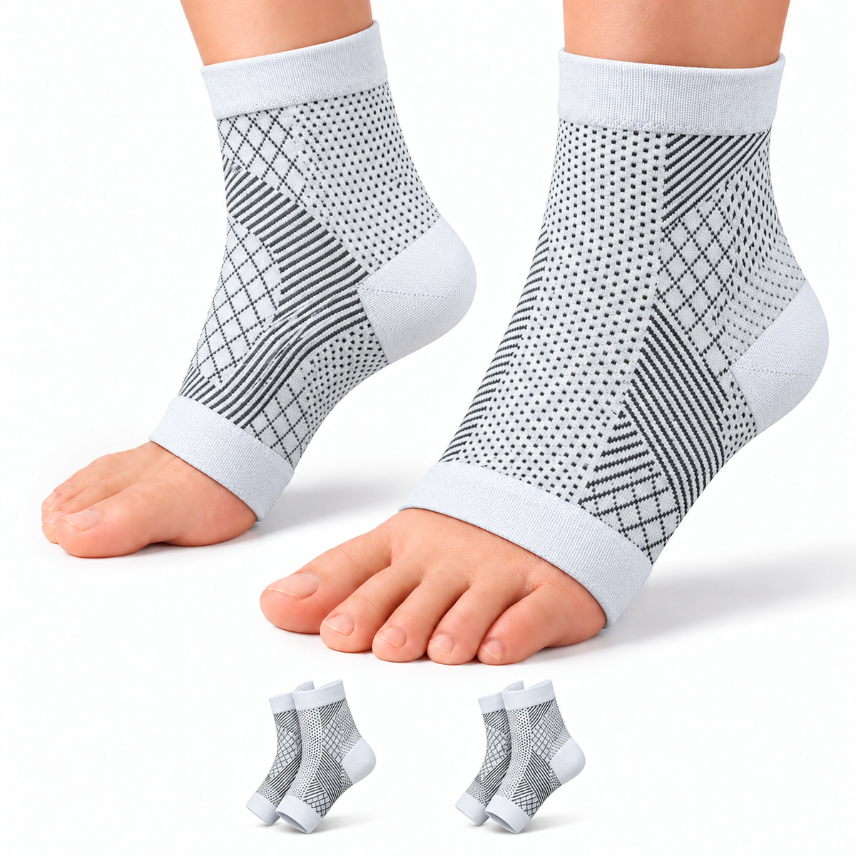 Pack 2 Pares Calcetines / Tobillera de Compresión para Pie y Tobillo Decopro – Alivio de Fascitis Plantar y Dolor de Talón – Blancos