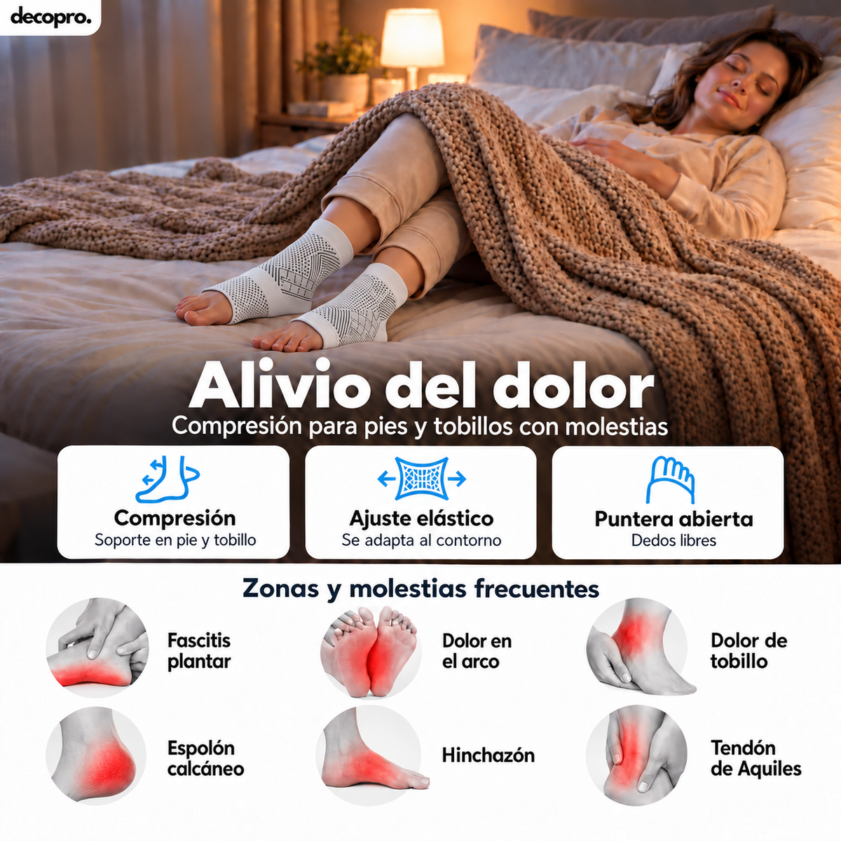 Pack 2 Pares Calcetines / Tobillera de Compresión para Pie y Tobillo Decopro – Alivio de Fascitis Plantar y Dolor de Talón – Blancos
