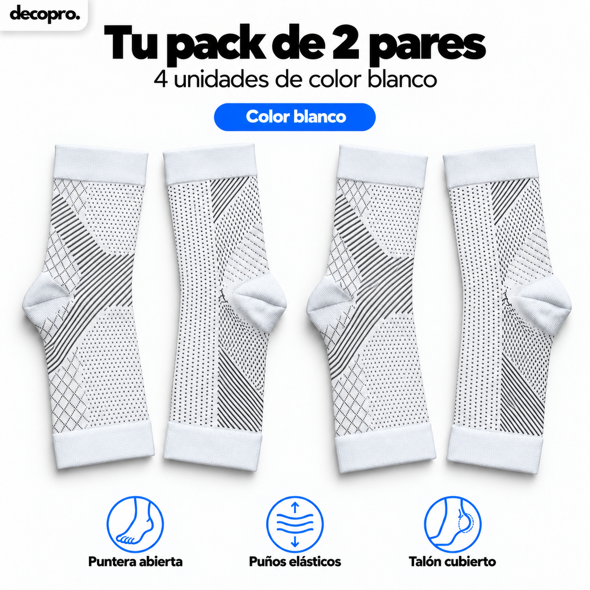 Pack 2 Pares Calcetines / Tobillera de Compresión para Pie y Tobillo Decopro – Alivio de Fascitis Plantar y Dolor de Talón – Blancos