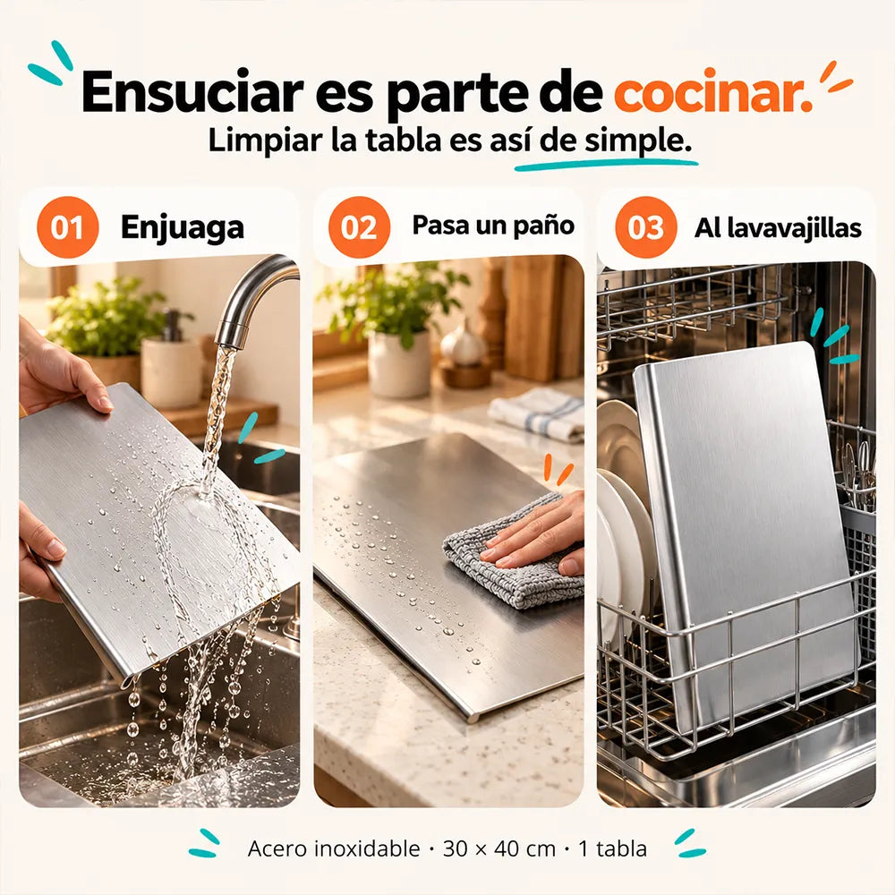 Tabla de Cortar / Picar / Amasar de Acero Inoxidable con Borde para Mesón 30x40 cm - Decopro