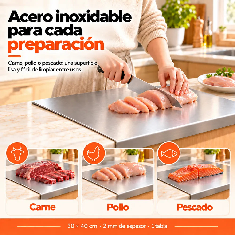 Tabla de Cortar / Picar / Amasar de Acero Inoxidable con Borde para Mesón 30x40 cm - Decopro