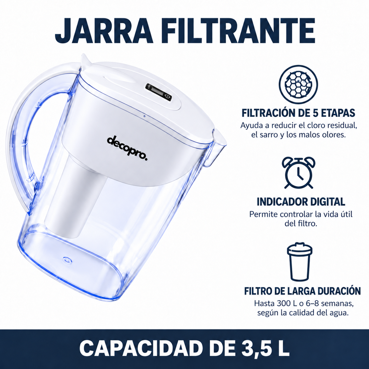 Jarra purificadora con filtro de 5 etapas e indicador digital