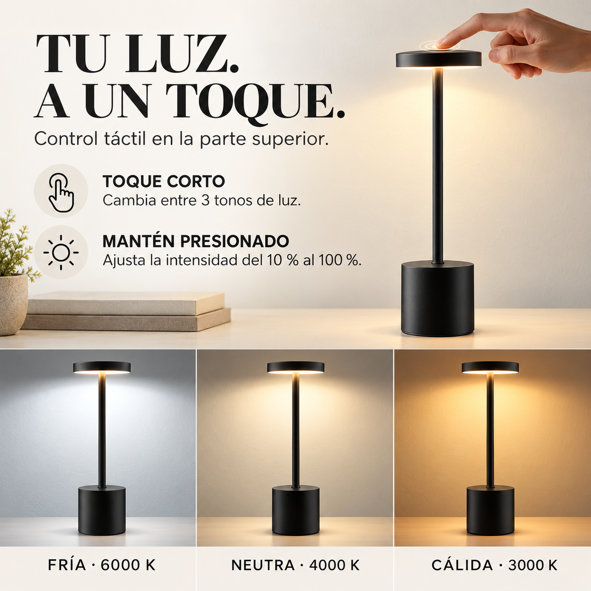 Lámpara de Mesa Recargable LED Inalámbrica - Luz Cálida Regulable 3 Tonos - Resistente al Agua IP54 - 33 cm