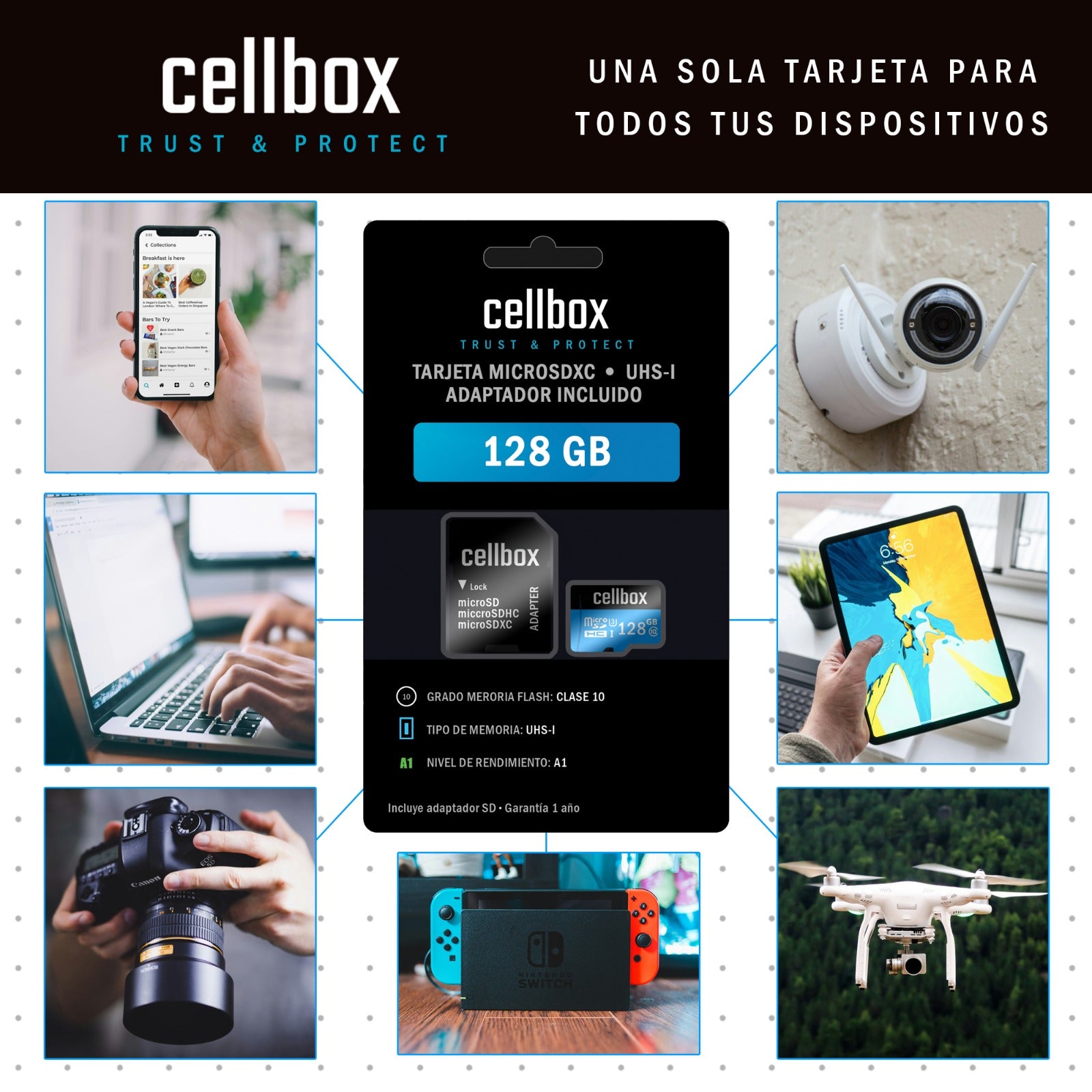 Tarjeta Memoria 128 Gb Micro Sd Cellbox Velocidad 100mbps + Adaptador Sd