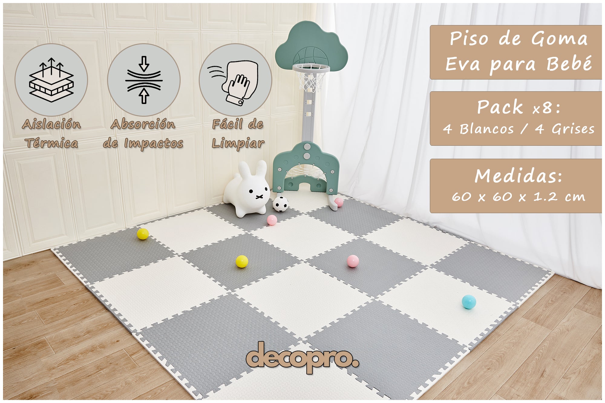 Piso de Goma Eva Encajable 60x60x1.2 cm – Gris y Blanco | Decopro | Pack 8 Unidades