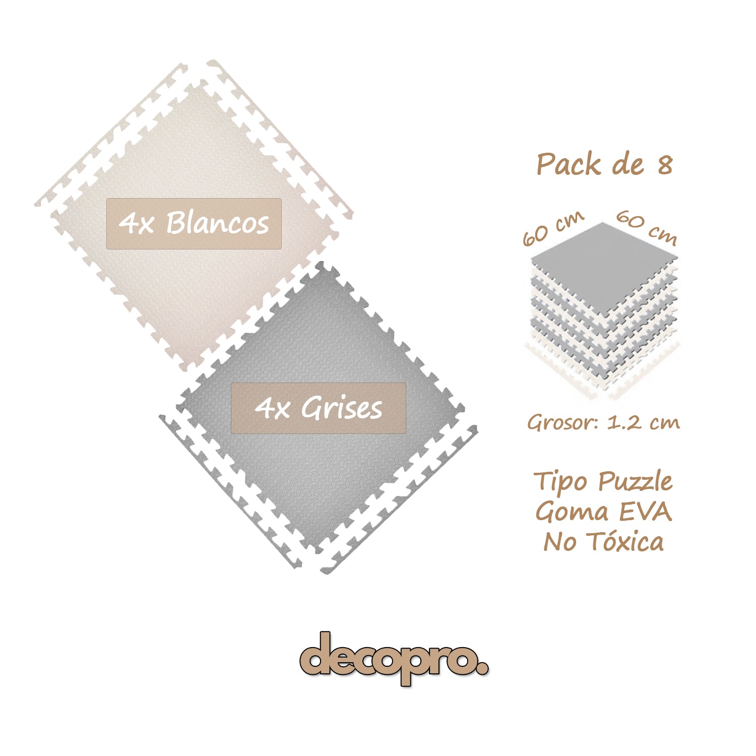 Piso de Goma Eva Encajable 60x60x1.2 cm – Gris y Blanco | Decopro | Pack 8 Unidades