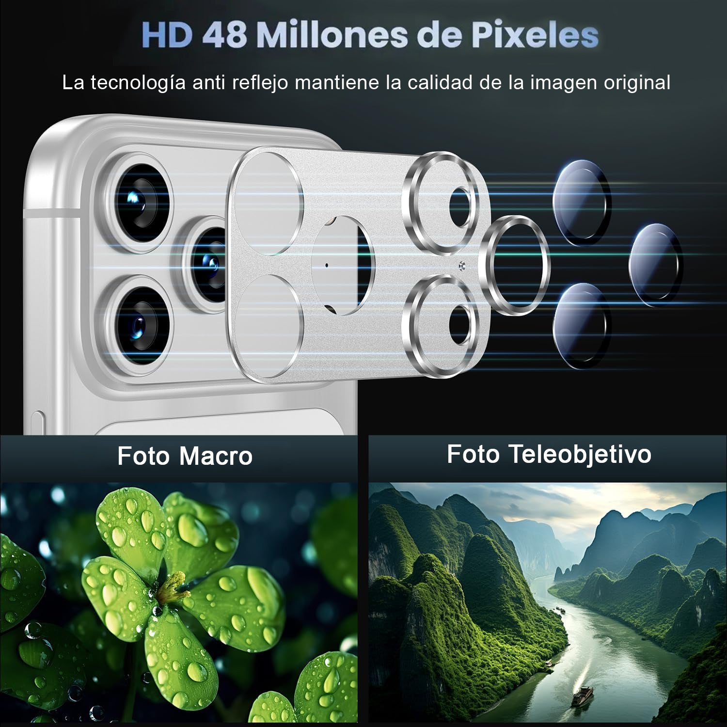 Protector Cámara Para iPhone 17 Pro Max Vidrio 9H + Marco Modulo Metálico Integrado Full Cover HD