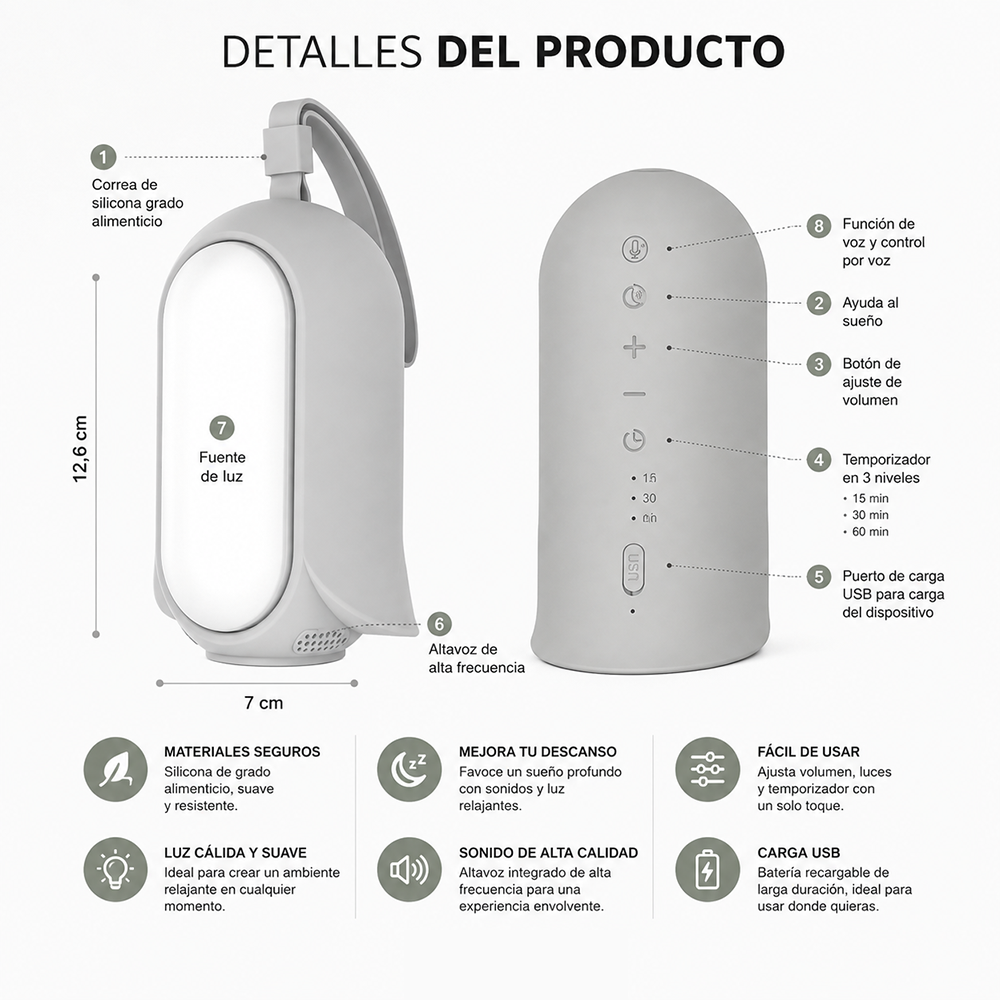Máquina de Ruido Blanco para Bebé + Luz Nocturna Portátil