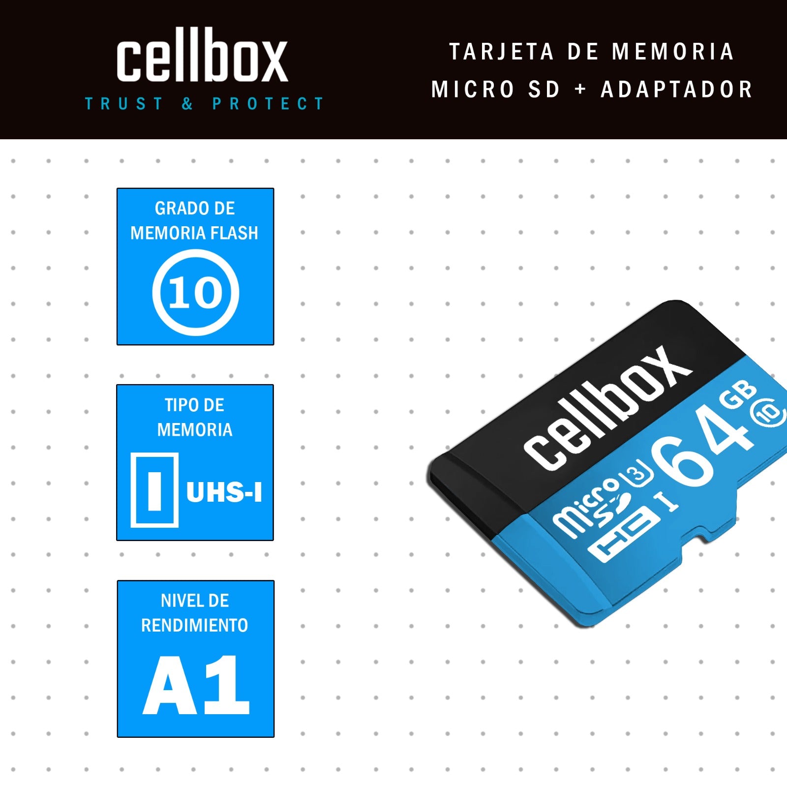 Tarjeta Memoria 64 Gb Micro Sd Cellbox Velocidad 100mbps + Adaptador Sd