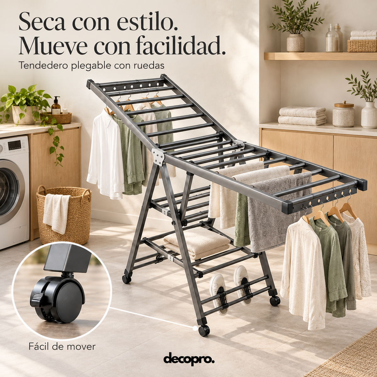 Tendedero de Ropa Plegable con Ruedas y Alas Ajustables Decopro