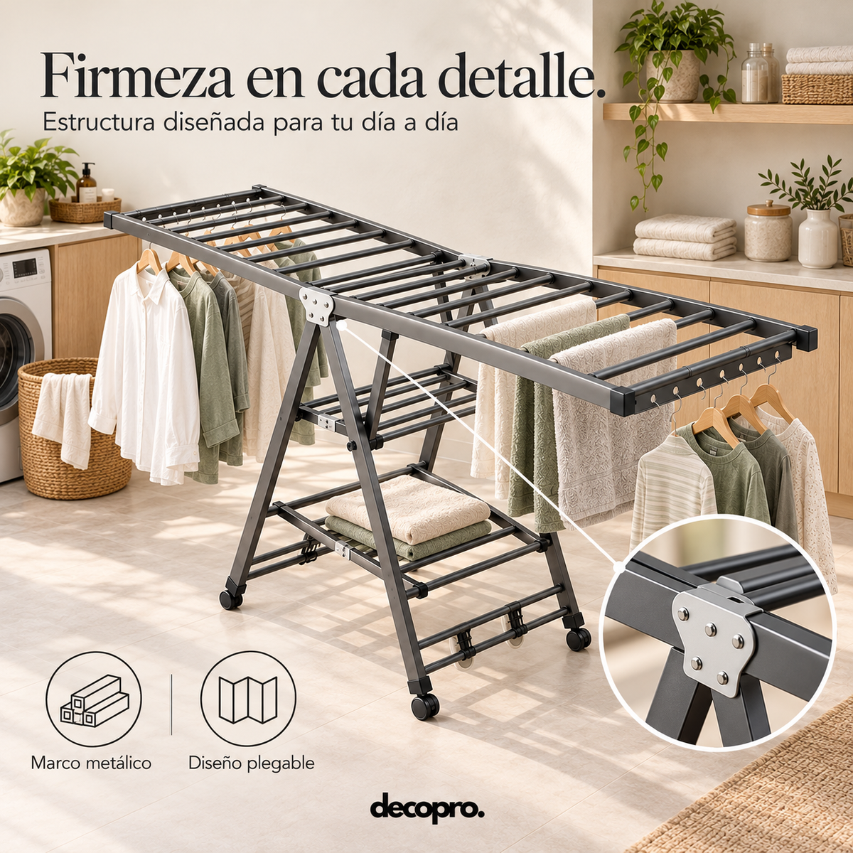 Tendedero de Ropa Plegable con Ruedas y Alas Ajustables Decopro