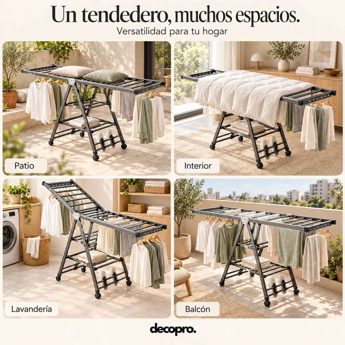 Tendedero de Ropa Plegable con Ruedas y Alas Ajustables Decopro