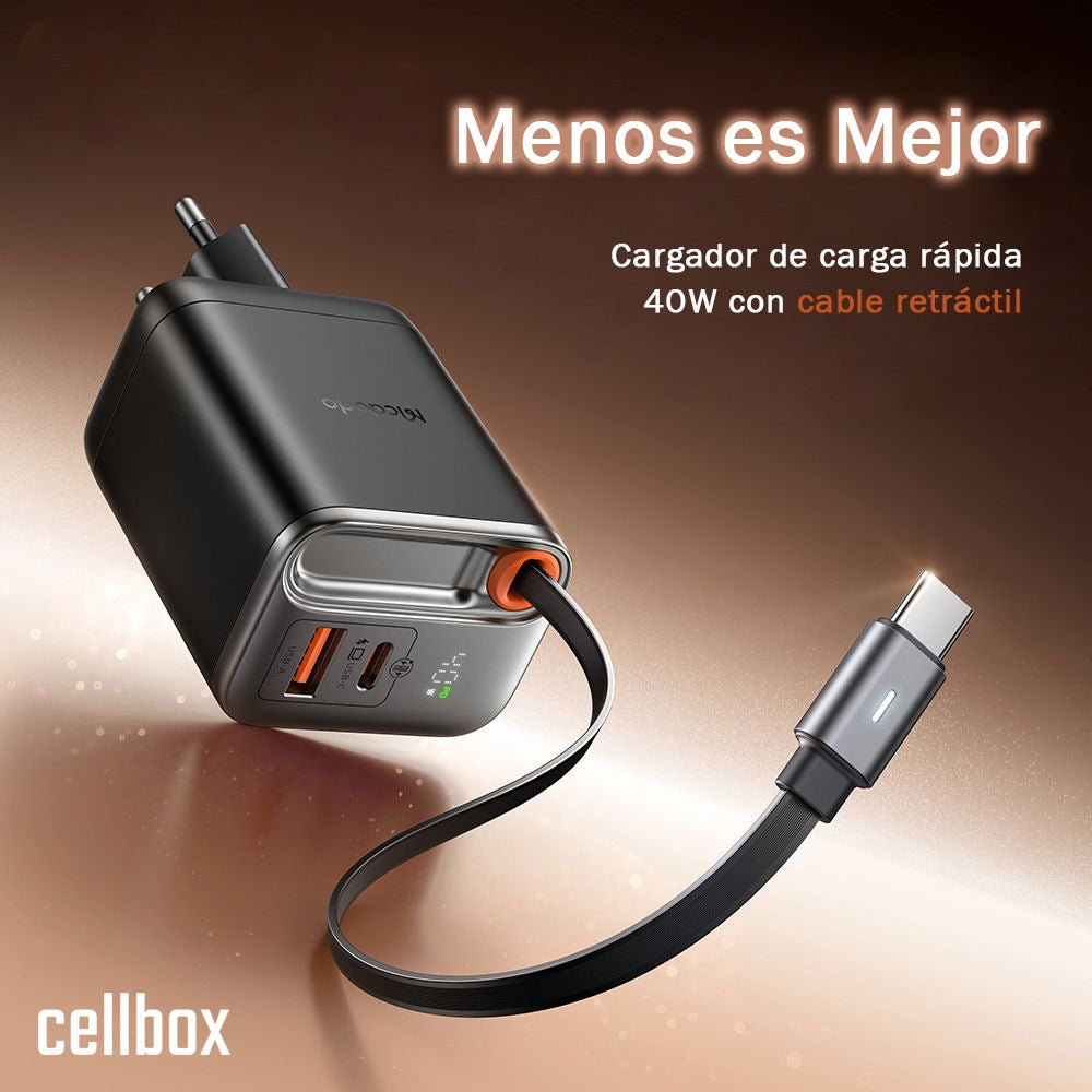Cargador Mcdodo FreeGo 40W vista frontal con cable retráctil extendido